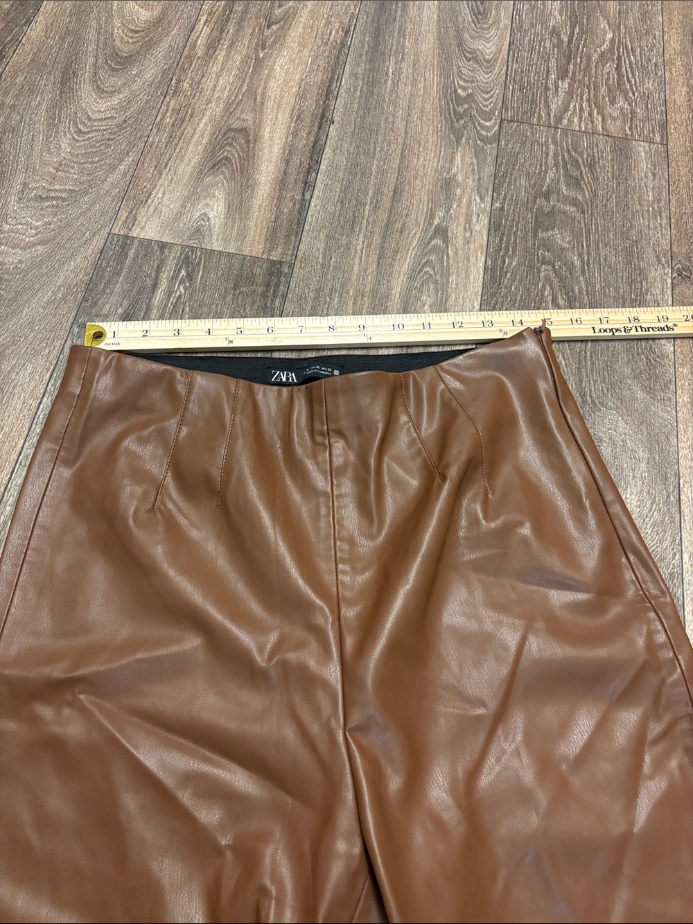Zara Fall Cozy Chocolate Brown Faux Leather Straight-Leg Pants Elastic Waist XL - Picture 4 of 7